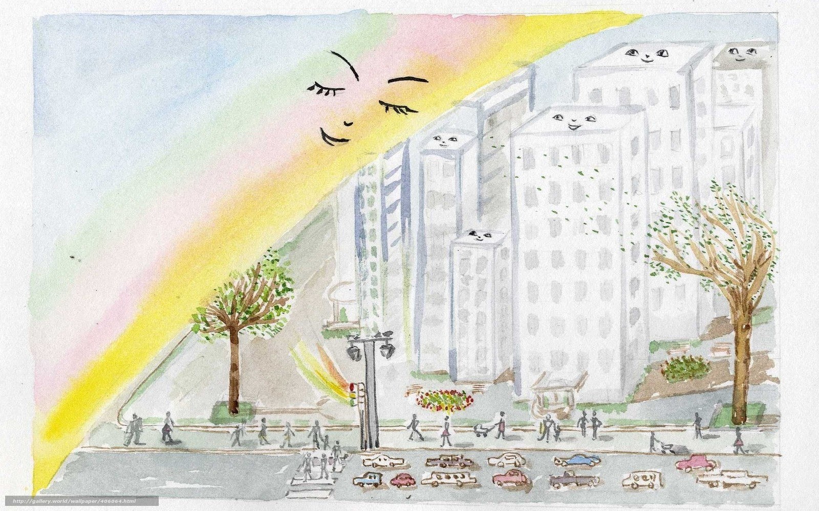 City scene with smiling buildings