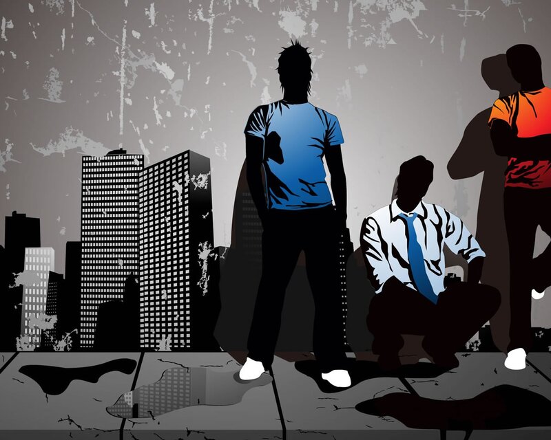 City silhouettes with people