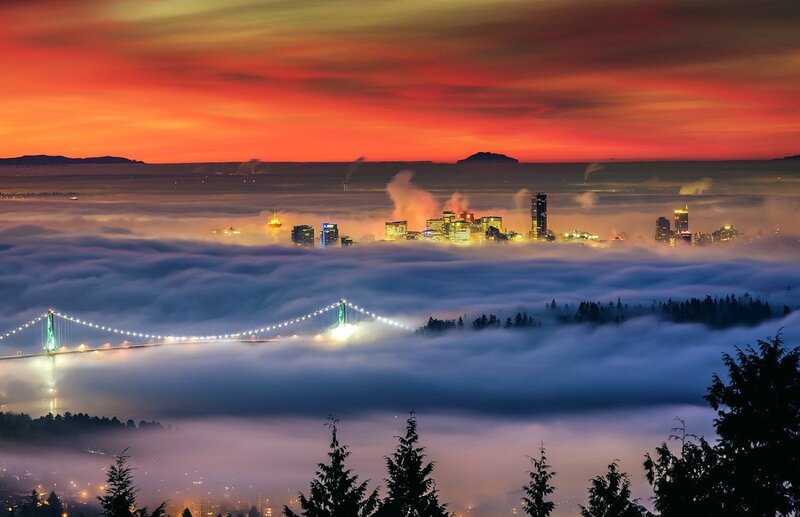 City Skyline Above Fog — Orange