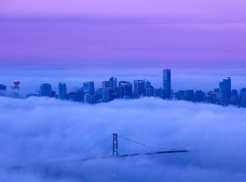 City Skyline Above Fog — Purple, Serene, Morning