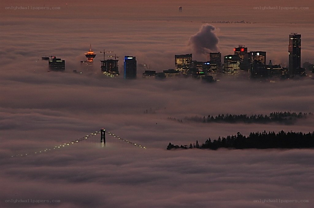 City skyline above fog