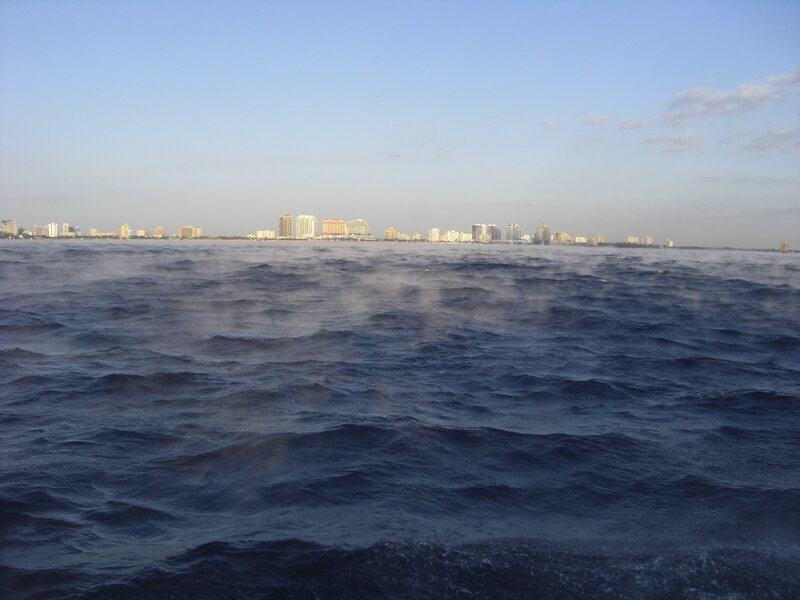 City skyline across choppy water