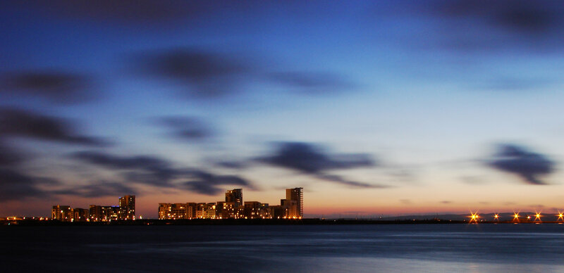 city skyline at dusk