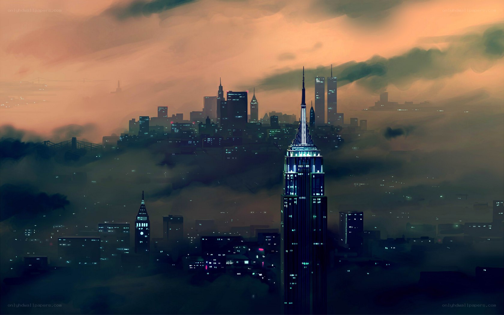 City skyline at dusk
