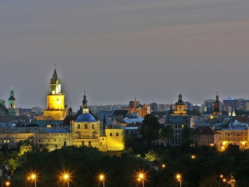 city skyline at dusk