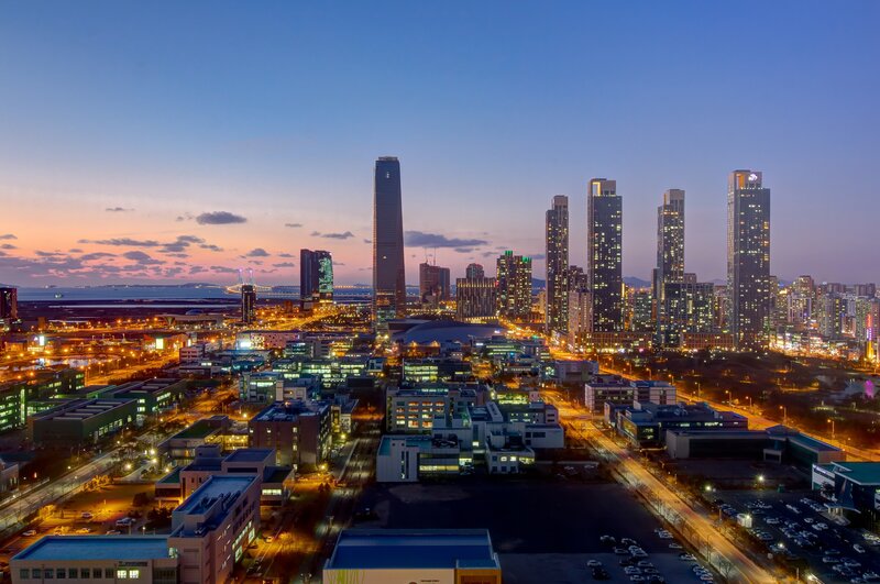 city skyline at dusk