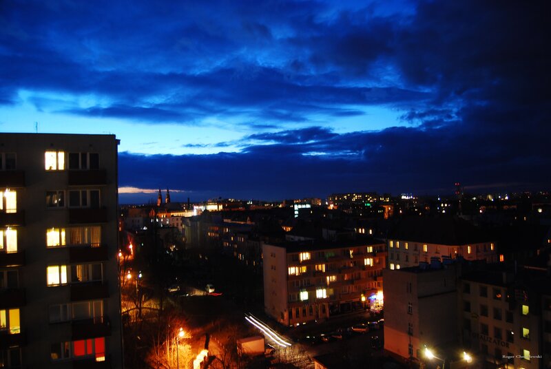 City skyline at dusk