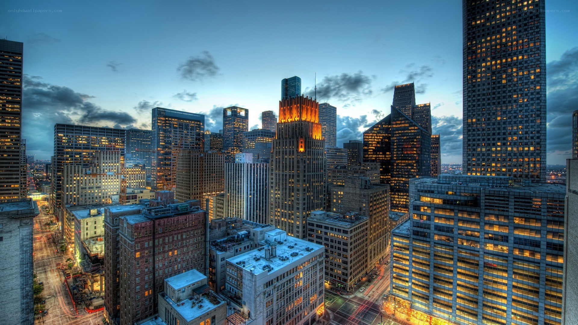 City skyline at dusk