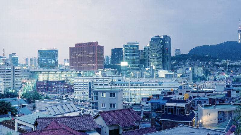 City skyline at dusk