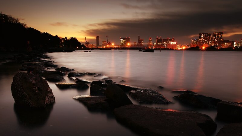 city skyline at dusk
