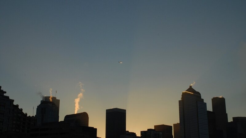 City skyline at dusk