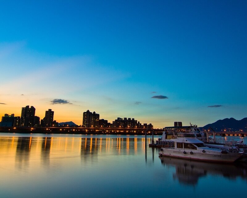 City skyline at dusk
