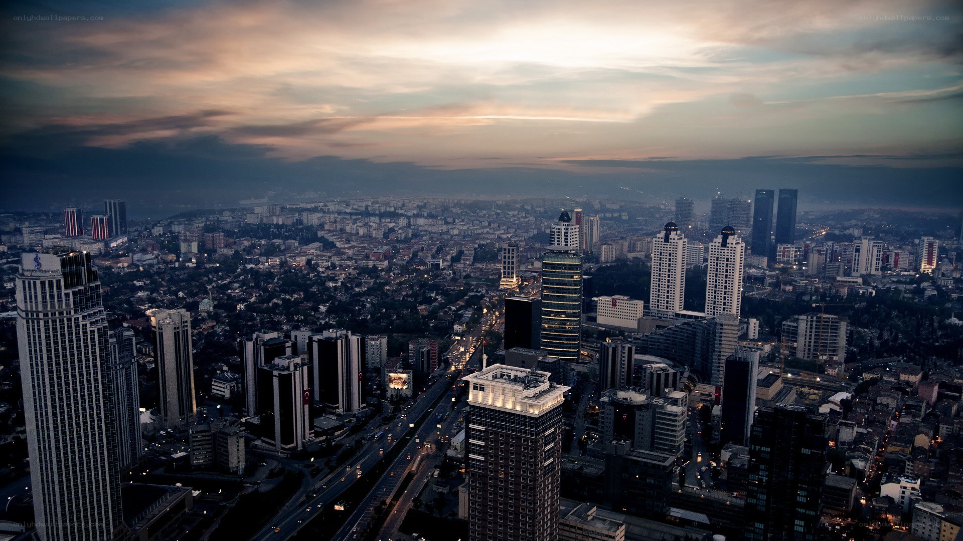 city skyline at dusk