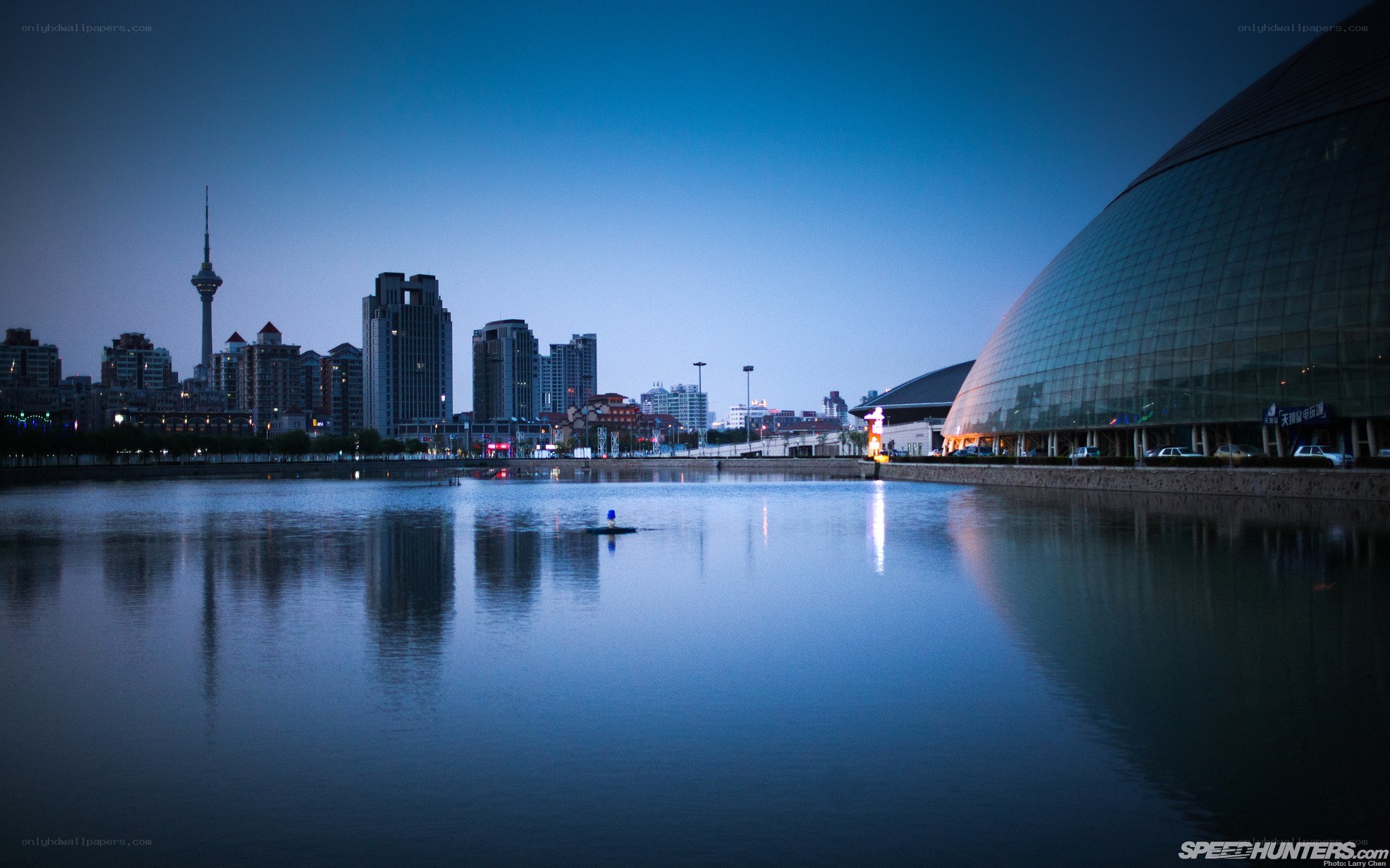City skyline at dusk