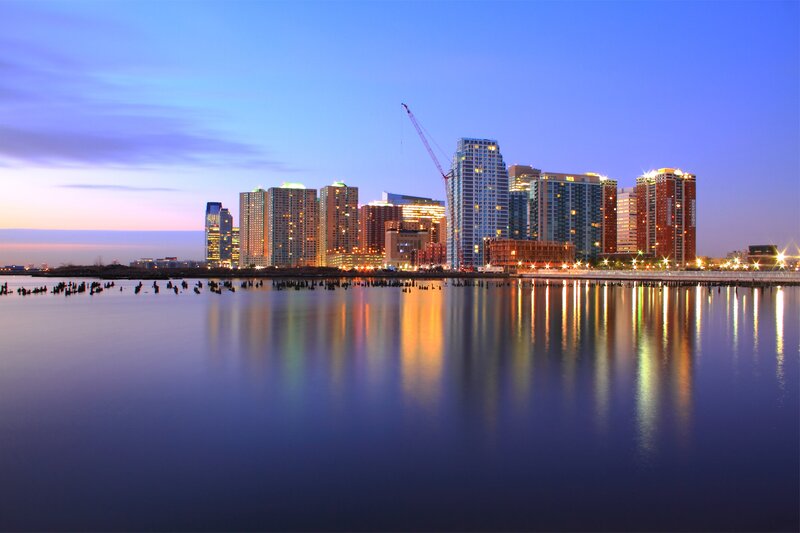 City skyline at dusk