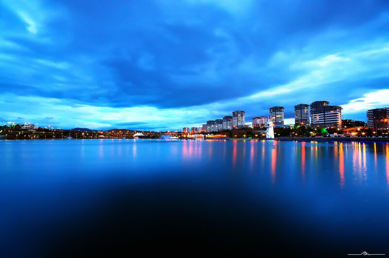 City skyline at dusk