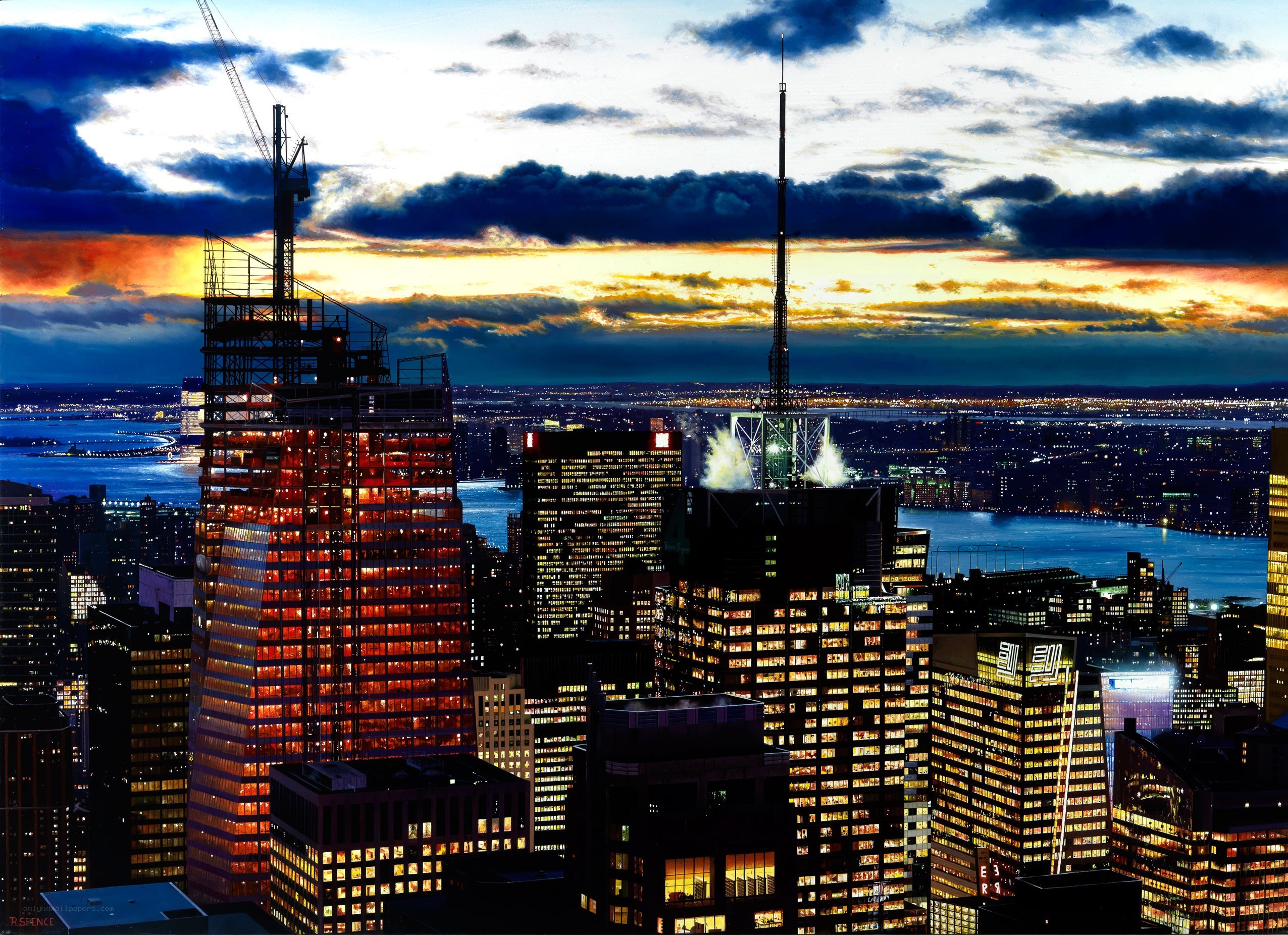 City skyline at dusk