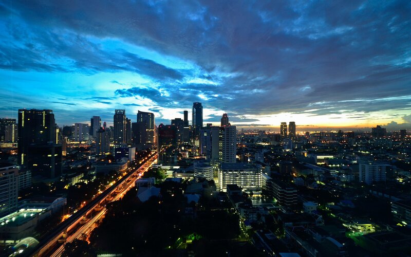City skyline at dusk