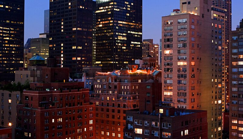 city skyline at dusk