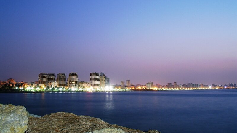 city skyline at dusk