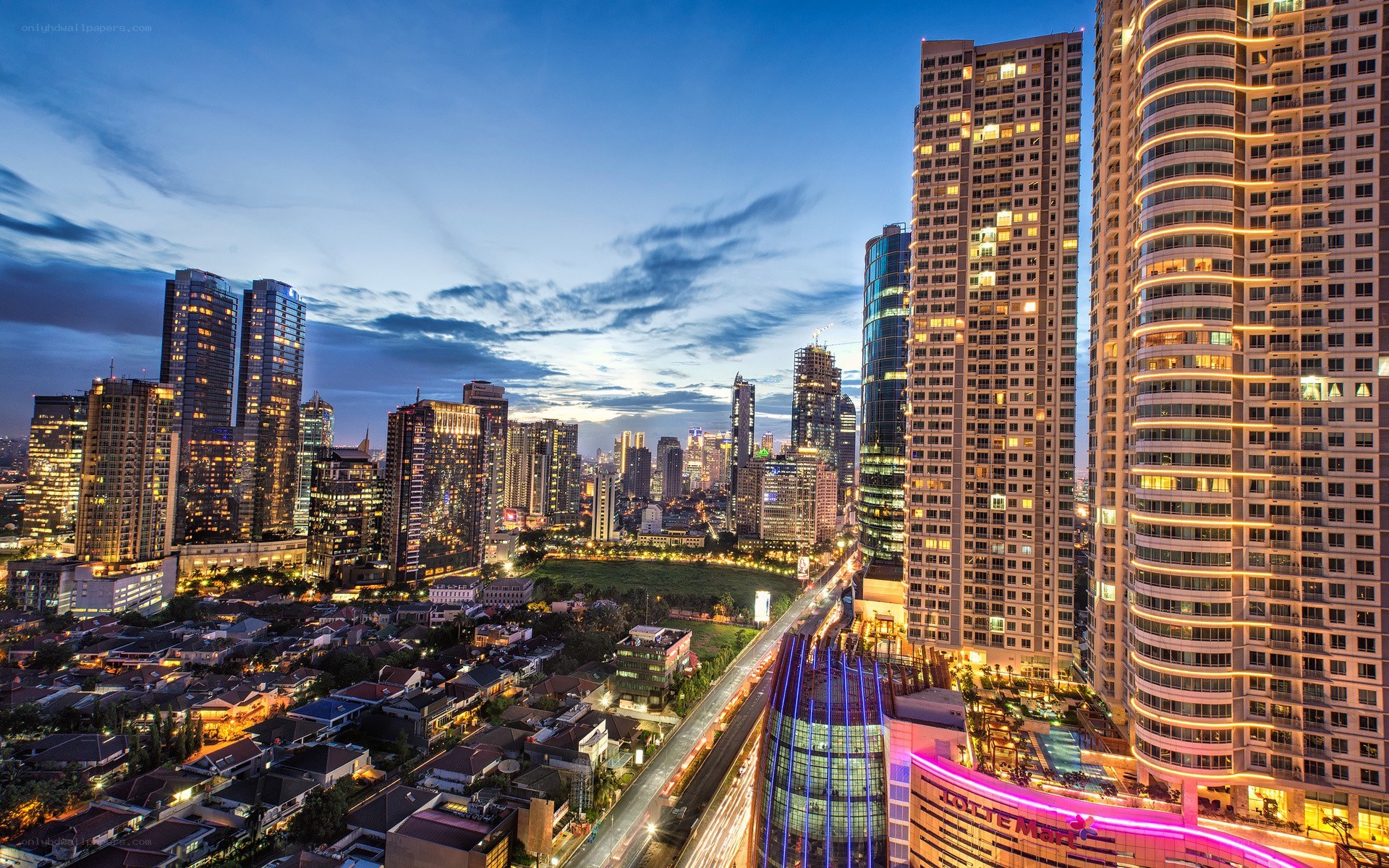 City skyline at dusk