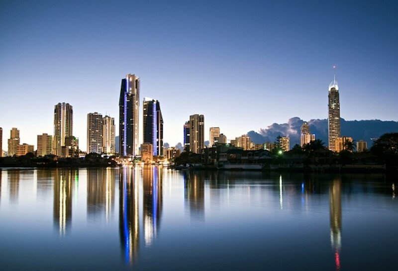 city skyline at dusk