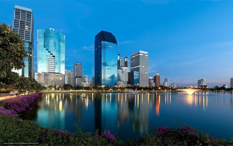 City skyline at dusk
