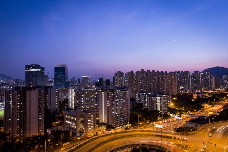 City skyline at dusk