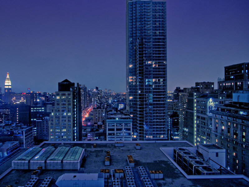 city skyline at dusk
