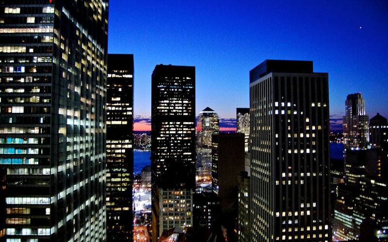 city skyline at dusk