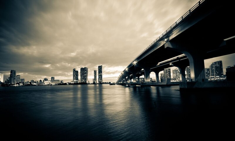 City Skyline at Dusk — Black, Dramatic, Night, Photograph, Bridge, River