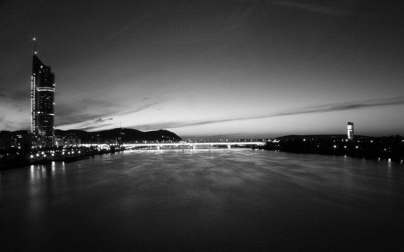 City Skyline at Dusk — Black, Serene, Night, Photograph