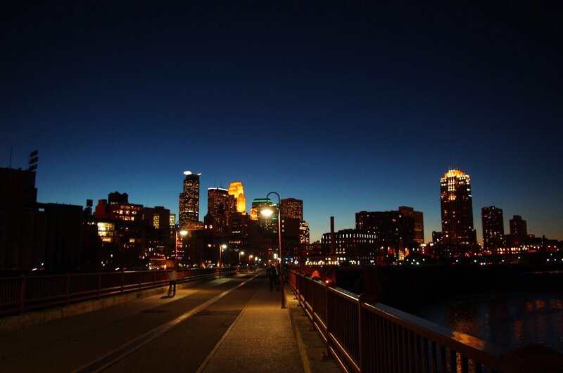 City Skyline at Dusk — Blue, Calm, Night, Photograph, Bridge