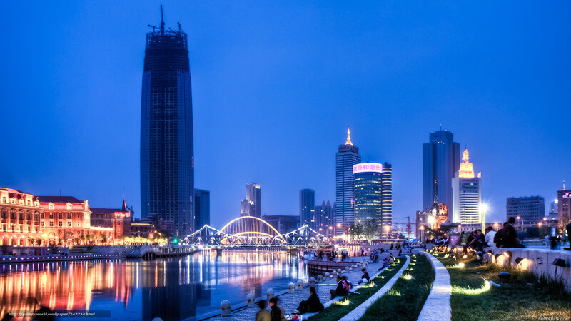 City Skyline at Dusk — Blue, Calm, Night, Photograph, Skyscrapers, Bridge, River