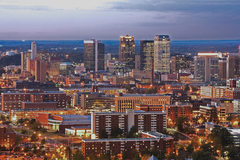 City Skyline at Dusk — Blue, Calm, Night, Photograph, Skyscrapers, Buildings, Streetlights, Orange