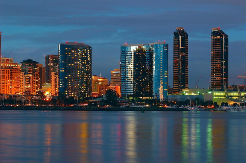 City Skyline at Dusk — Blue, Calm, Night, Photograph, Skyscrapers, Water