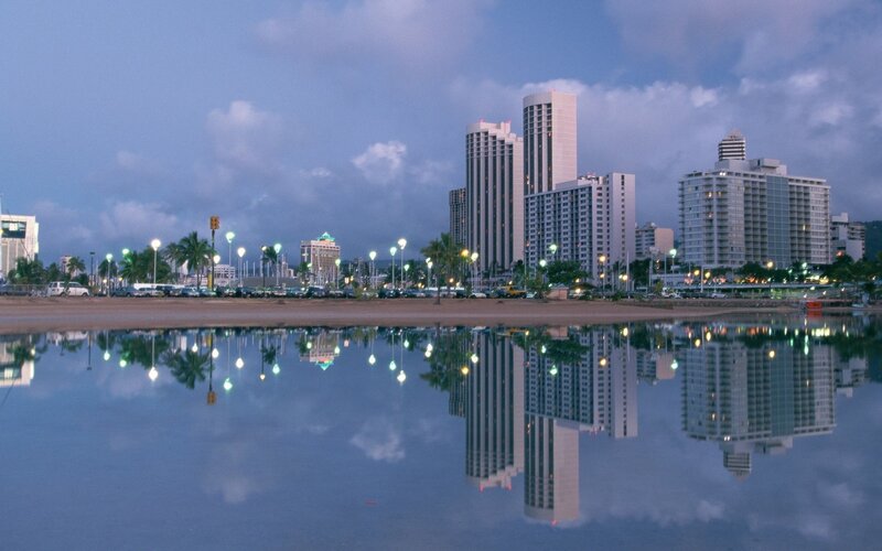 City Skyline at Dusk — Blue, Calm, Photograph, Buildings