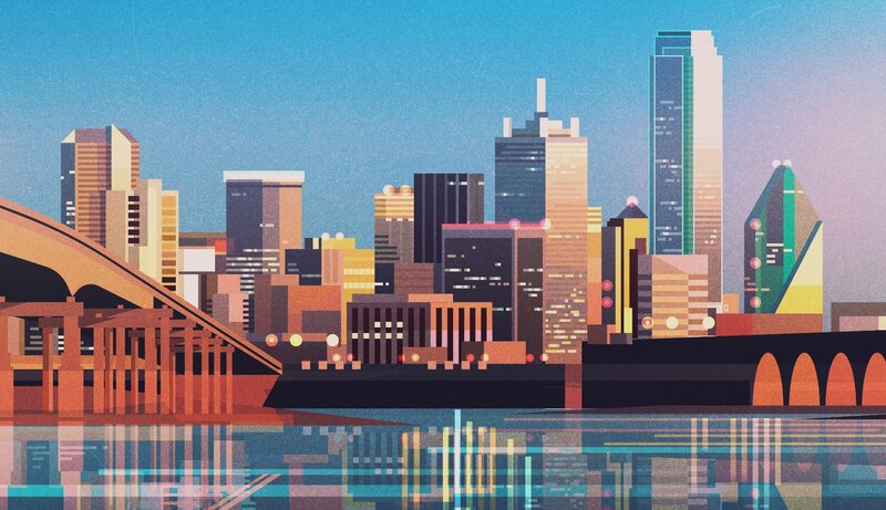 City Skyline at Dusk — Blue, Calm, Sunset, Illustration