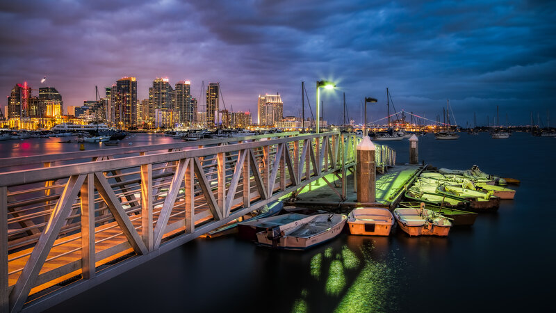 City Skyline at Dusk — Blue, Dramatic, Night, Photograph, Bridge
