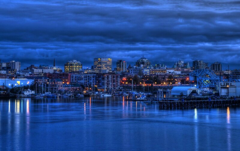 City Skyline at Dusk — Blue, Dramatic, Night, Photograph, Buildings, Harbor