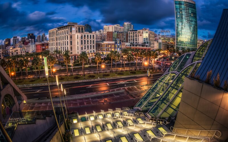 City Skyline at Dusk — Blue, Dramatic, Night, Photograph, Buildings, Palm Trees