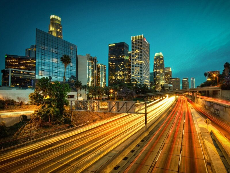 City Skyline at Dusk — Blue, Dramatic, Night, Photograph, Highway