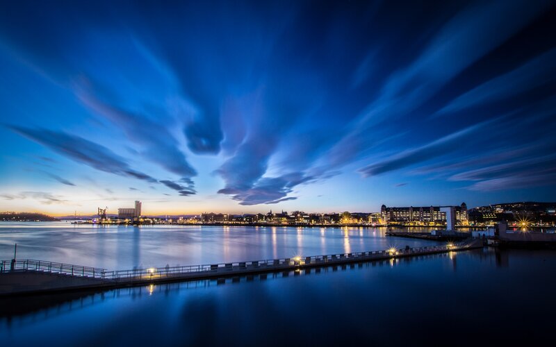 City Skyline at Dusk — Blue, Dramatic, Night, Photograph, Sky