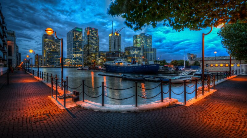 City Skyline at Dusk — Blue, Dramatic, Night, Photograph, Skyscrapers, Boat