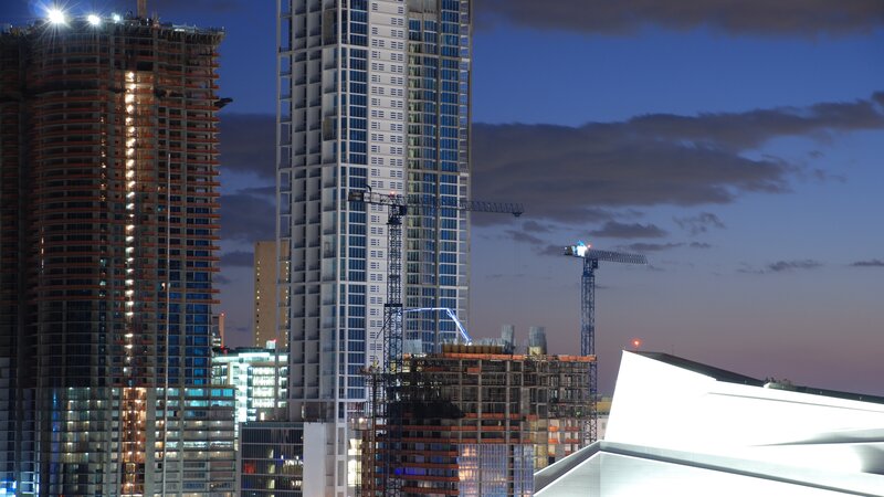 City Skyline at Dusk — Blue, Dramatic, Night, Photograph, Skyscrapers, Cranes