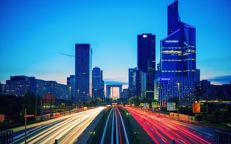 City Skyline at Dusk — Blue, Dramatic, Night, Photograph, Skyscrapers, Highway, Light Trails