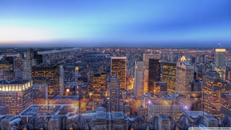 City Skyline at Dusk — Blue, Dramatic, Night, Photograph, Skyscrapers, Lights