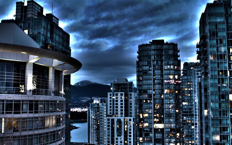City Skyline at Dusk — Blue, Dramatic, Night, Photograph, Skyscrapers, Mountains