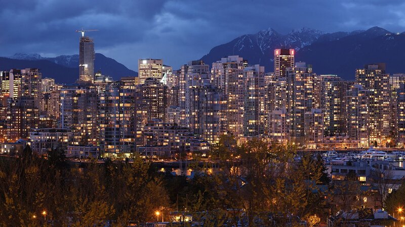 City Skyline at Dusk — Blue, Dramatic, Night, Photograph, Skyscrapers, Mountains, Trees