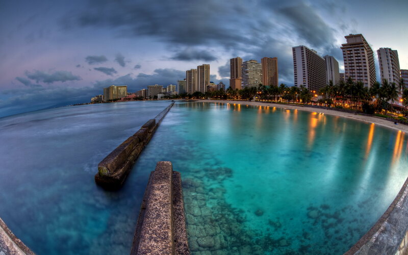 City Skyline at Dusk — Blue, Dramatic, Night, Photograph, Skyscrapers, Palm Trees